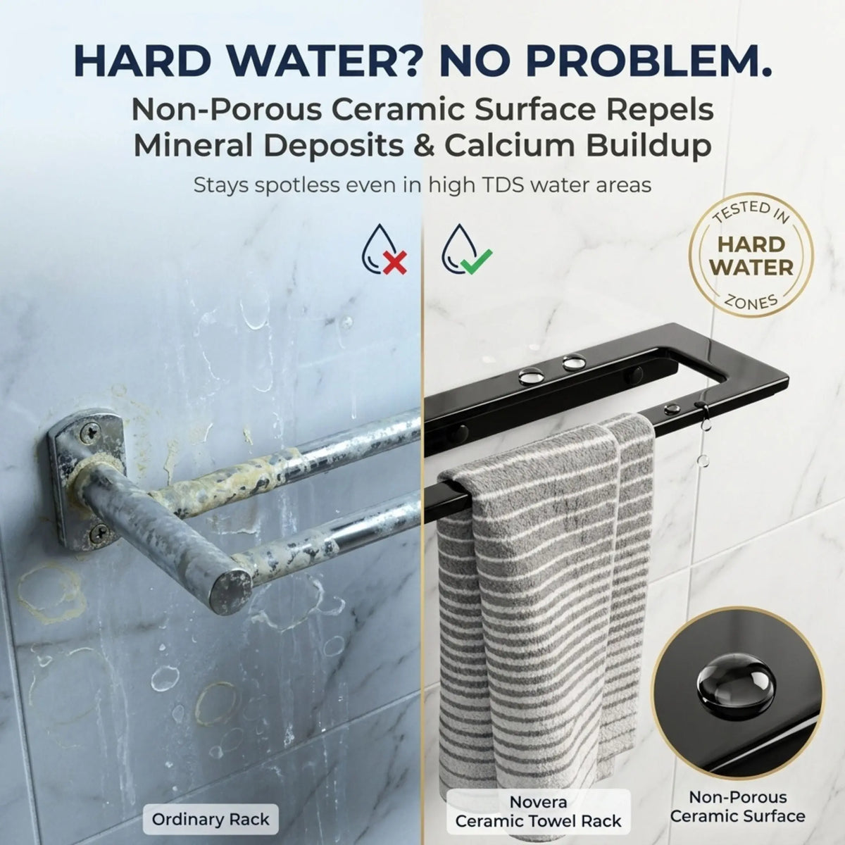 Novera Ceramic Towel Rack with hard water damage on an ordinary rack comparison