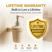 Wall-mounted soap dispenser with a lifetime warranty badge on a light background