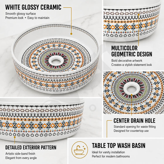 Novera Global Designer Ceramic Table Top Wash Basin | Round Above Counter Vessel Sink for Bathroom Vanity | 5-Years Warranty | Mandala Art Countertop Wash Bowl | Glossy Finish Wash Basin (WHITE) Novera Global