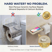 Comparison of an ordinary toilet paper holder with a Novera Ceramic holder in a bathroom setting.