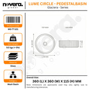 Product label for a wash basin with dimensions and specifications.
