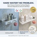 Novera Ceramic Organizer shown on a tiled wall with hard water deposits compared to a clean shelf.