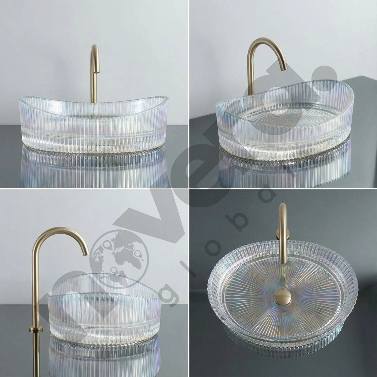 Collage of a glass sink with a gold faucet on a gray background