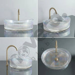 Collage of a glass sink with a gold faucet on a gray background