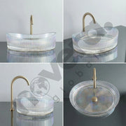 Collage of a glass sink with a gold faucet on a gray background