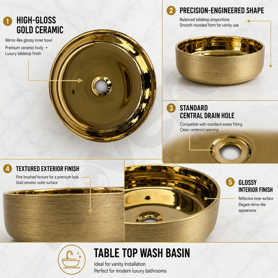 Novera Global Gold Designer Ceramic Table Top Wash Basin | Above Counter Vessel Sink for Bathroom Vanity | 5-Year Warranty | Imported Glossy Countertop Wash Bowl (Glossy Gold) Novera Global