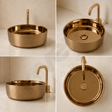 Novera Global Ceramic Table Top Wash Basin | Glossy Finish Round Vessel Sink | Above Counter Vessel Sink for Bathroom Vanity | 5-Years Warranty | Imported Glossy Countertop Wash Bowl (Rose Gold)