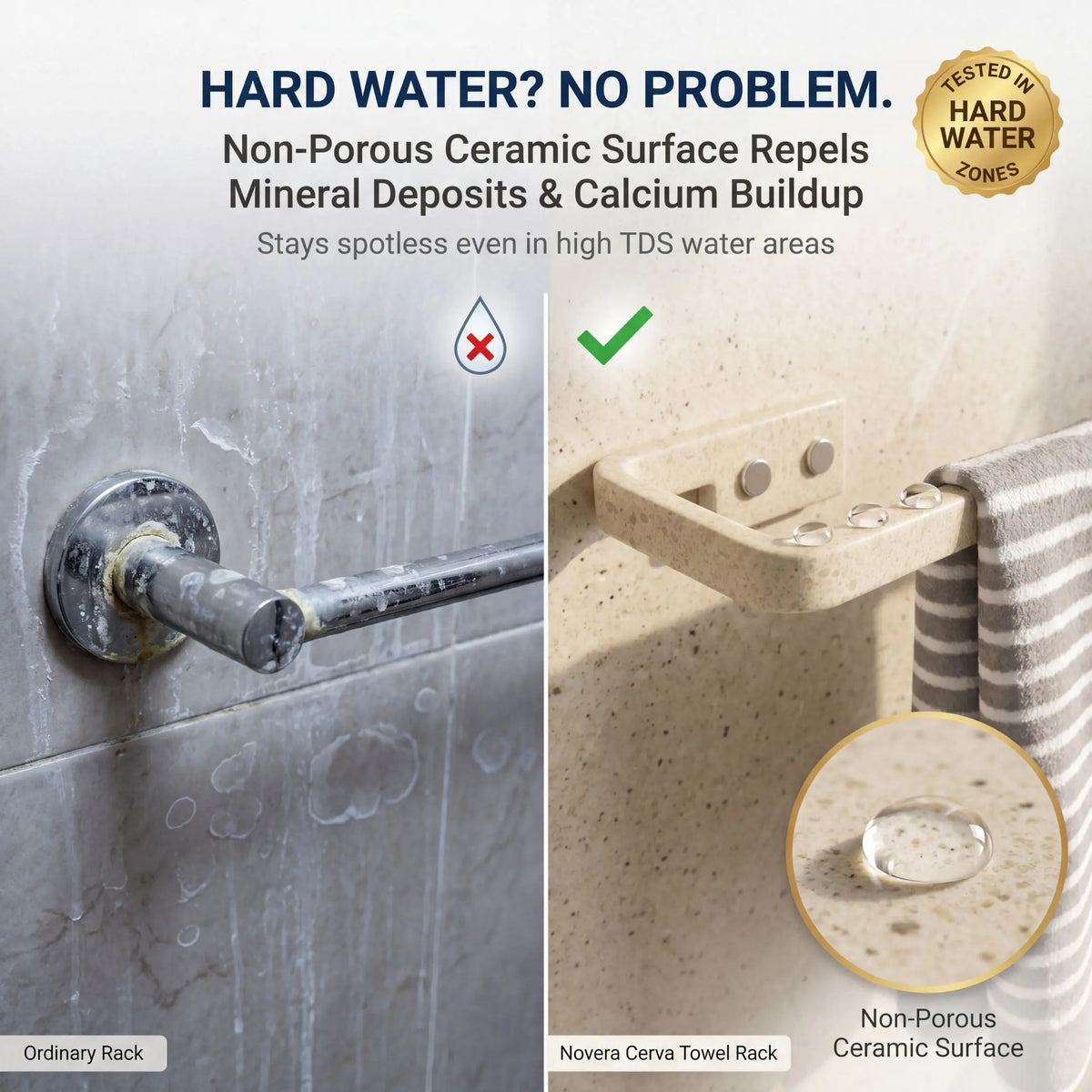 Advertisement for a towel rack with non-porous ceramic surface, showing before and after effects on hard water.