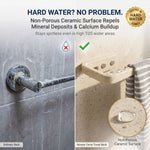 Advertisement for a towel rack with non-porous ceramic surface, showing before and after effects on hard water.