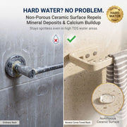 Advertisement for a towel rack with non-porous ceramic surface, showing before and after effects on hard water.
