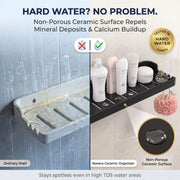Novera Ceramic Organizer with hard water damage on an ordinary shelf, showing effectiveness in preventing mineral deposits.