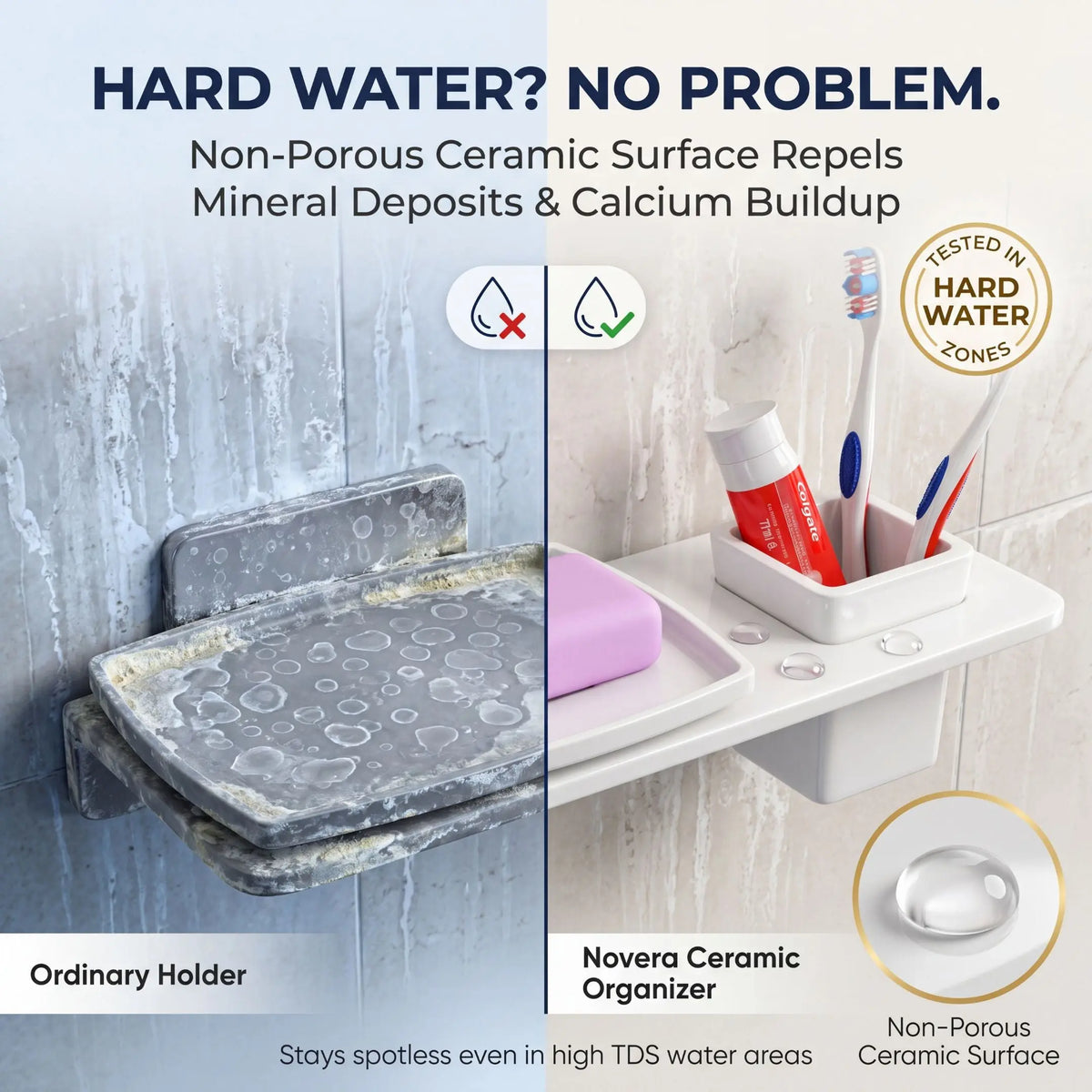 Comparison of an ordinary holder with a Novera Ceramic Organizer in hard water conditions.