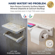 Novera Ceramic Holder with non-porous ceramic surface on a tiled wall, showing before and after effects.
