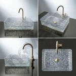 Collage of a textured glass sink with bronze faucet and handles on a dark surface.