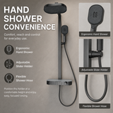 Novera Global Arch Rain Shower Set for Bathroom – 3-in-1 Brass Shower System with Large Oval Overhead Rain Shower, Multi-Mode Hand Shower, Waterfall Spout & Storage Shelf | Push-Button, Wall-Mounted (Gunmetal Grey)