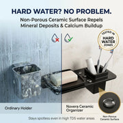 Bathroom organizer with soap and toothbrushes next to a tarnished holder, highlighting the effectiveness of the Novera Ceramic Organizer in hard water zones.