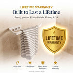 Towel rack with striped towel and lifetime warranty badge on a light background
