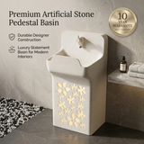 Novera Global Blossom Freestanding Pedestal Wash Basin | 10-Year Warranty | Luxury Artificial Stone Floor Standing Designer Basin with Warm LED Floral Design Bathroom Sink | Matching Faucet & Drain Included