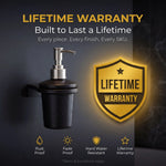 Black soap dispenser with 'Lifetime Warranty' badge on a dark background