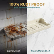 Comparison of an ordinary shelf with rust and a Novera Marble Shelf in a wet environment, highlighting rust-proof feature.