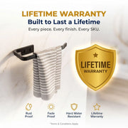 Towel rack with striped towel and lifetime warranty badge on a light background