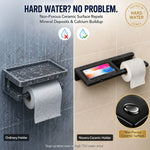Novera Ceramic Holder with toilet paper on a tiled wall, highlighting its effectiveness against hard water.