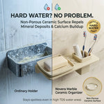 Bathroom organizer with soap and toothbrush holder, showing its effectiveness against hard water deposits.