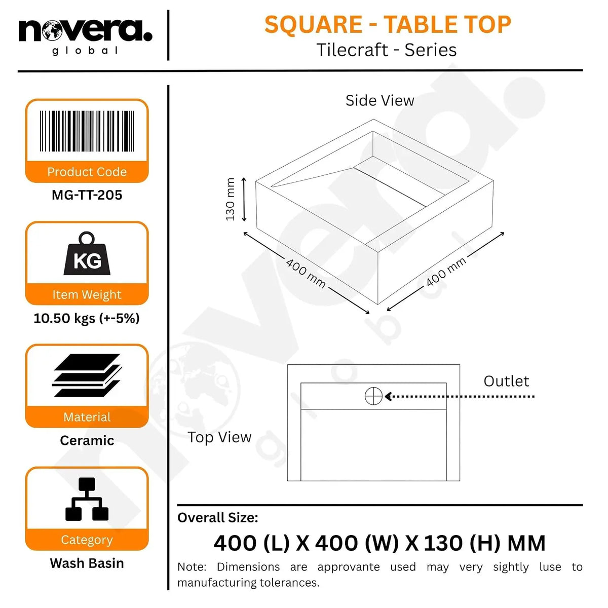 Square Countertop Ceramic Wash Basin Technical Size Diagram
