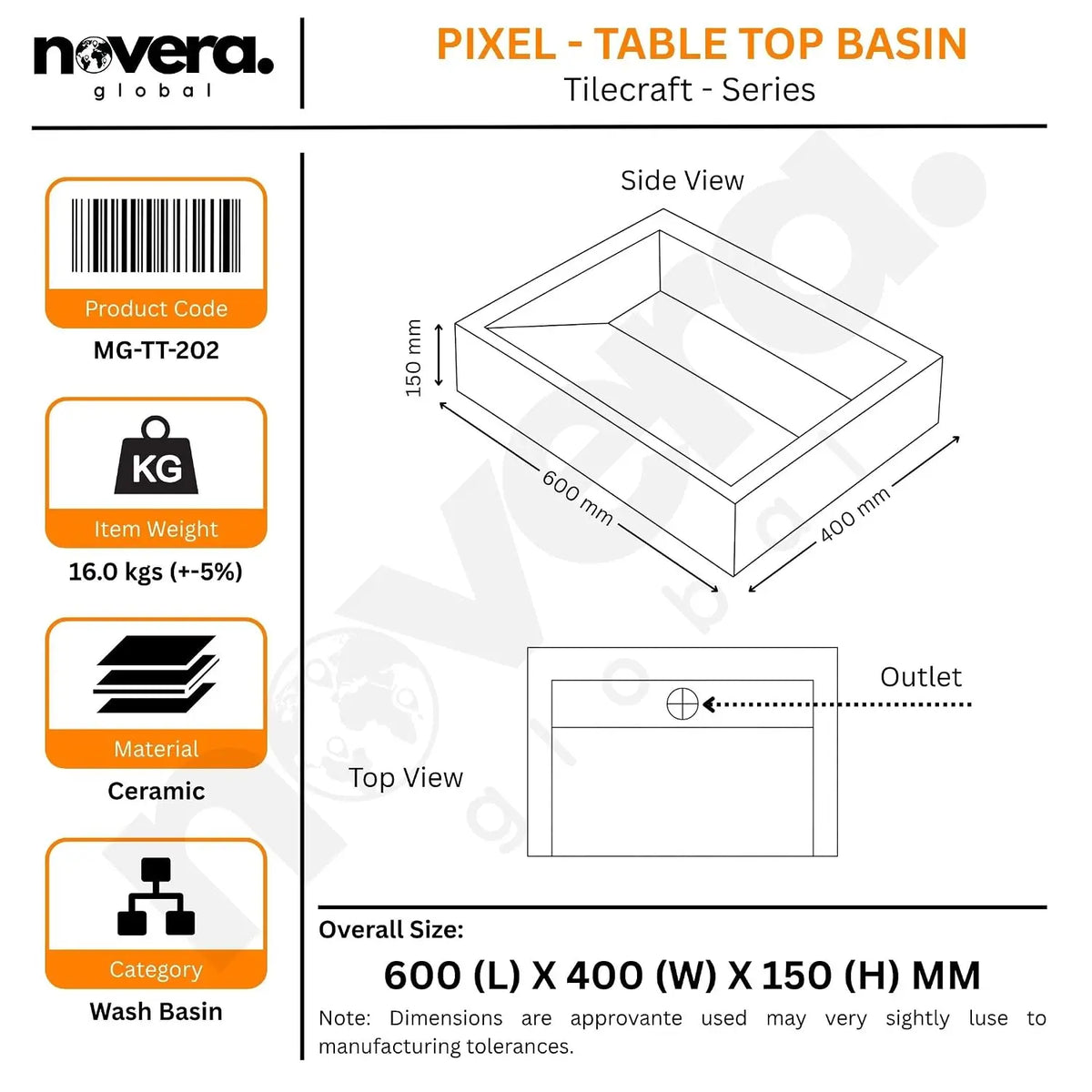 Novera Global Rectangular Ceramic Tile Wash Basin – Matt Steel Blue Novera Global