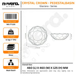 Product packaging for a crystal crown pedestal basin with dimensions and material details.