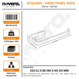 Product label for Acquara hand towel rack with technical details and dimensions.
