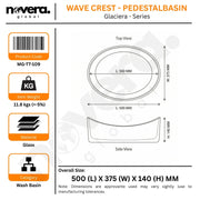 Product label for a wash basin with dimensions and specifications.