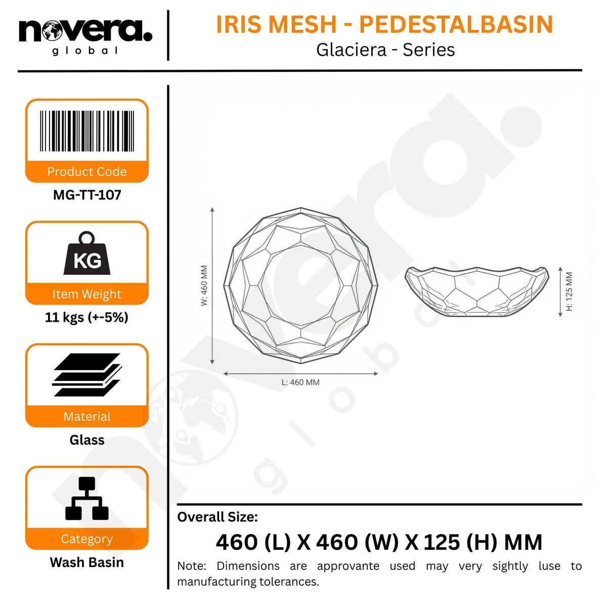 Product packaging for a glass wash basin with dimensions and specifications.