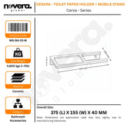 Product label for a toilet paper holder and mobile stand with dimensions and specifications.
