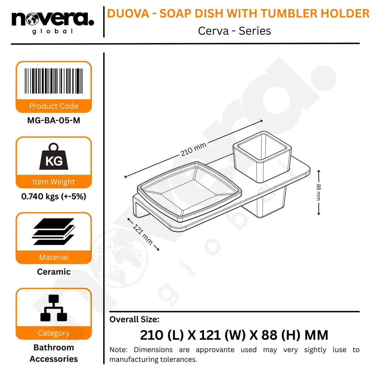 Product packaging for a soap dish with tumbler holder by Novera, showing dimensions and features.