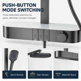 Novera Global Arch Rain Shower Set for Bathroom – 3-in-1 Brass Shower System with Large Oval Overhead Rain Shower, Multi-Mode Hand Shower, Waterfall Spout & Storage Shelf | Push-Button, Wall-Mounted (Gunmetal Grey)