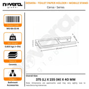 Product label for a toilet paper holder and mobile stand with dimensions and specifications.