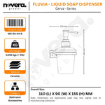 Fluvia liquid soap dispenser with dimensions and specifications on a white background