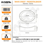 Technical specifications and dimensions of a wash basin labeled 'Wave Crest - Pedestal Basin' by Novera Global.