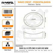 Technical specifications and dimensions of a wash basin labeled 'Wave Crest - Pedestal Basin' by Novera Global.