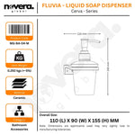 Fluvia liquid soap dispenser with dimensions and specifications on a white background