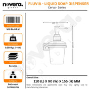 Fluvia liquid soap dispenser with dimensions and specifications on a white background
