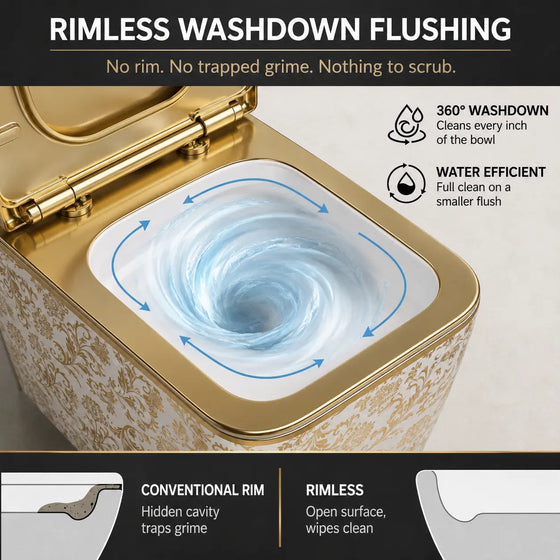 Tokyo Wall Hung Western Toilet | Ceramic Wall Mounted Commode with UF Soft Close Seat (Gold & White) – Novera Global Novera Global