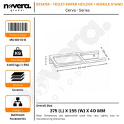 Product label for a toilet paper holder and mobile stand with dimensions and specifications.