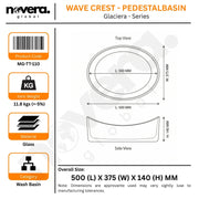 Technical specifications and dimensions of a wash basin labeled 'Wave Crest - Pedestal Basin' by Novera Global.