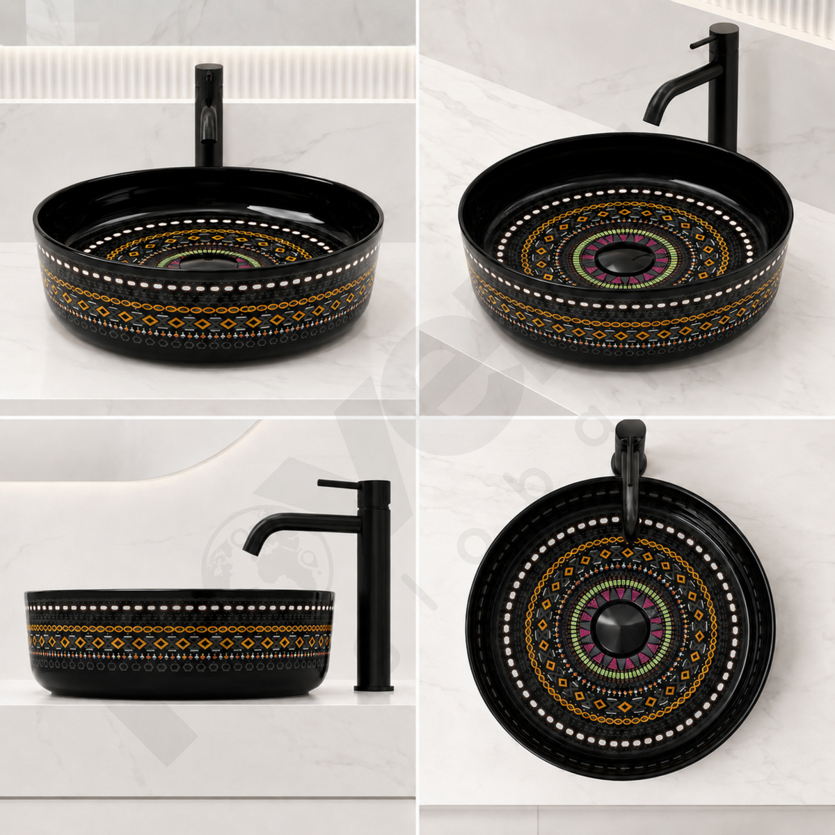 Novera Global Designer Ceramic Table Top Wash Basin | Round Above Counter Vessel Sink for Bathroom Vanity | 5-Years Warranty | Mandala Art Countertop Wash Bowl | Glossy Finish Wash Basin (BLACK)