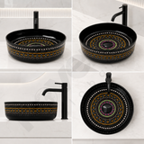 Novera Global Designer Ceramic Table Top Wash Basin | Round Above Counter Vessel Sink for Bathroom Vanity | 5-Years Warranty | Mandala Art Countertop Wash Bowl | Glossy Finish Wash Basin (BLACK)