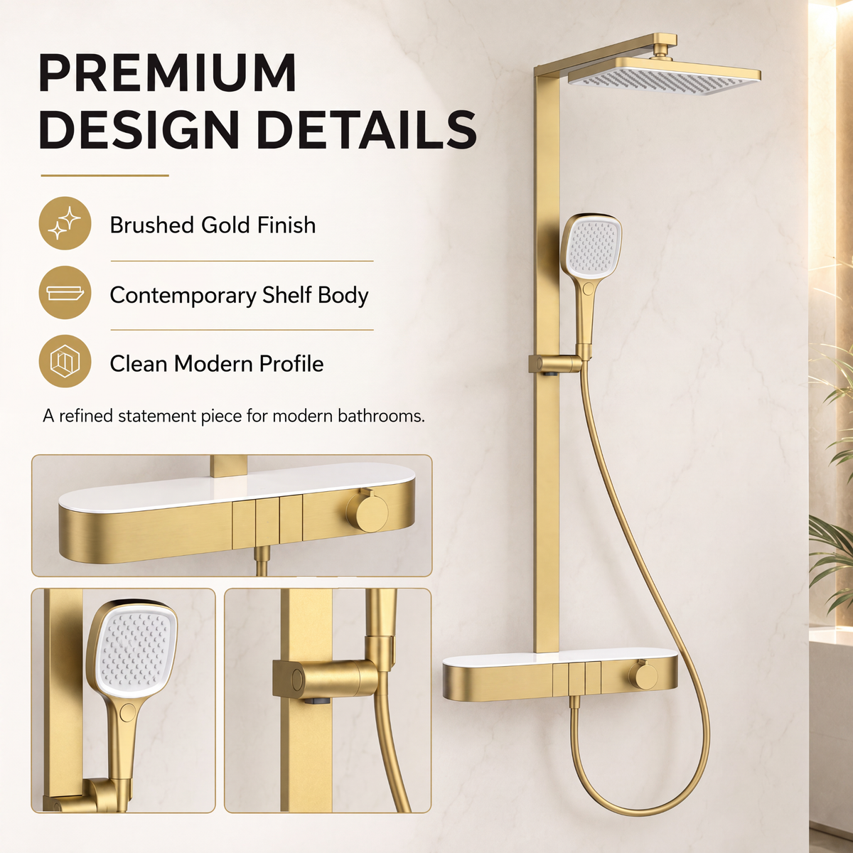 Novera Global Rain Shower Set for Bathroom – 3-in-1 Brass Shower System with Large Overhead Rain Shower, Multi-Mode Hand Shower, Waterfall Spout & Storage Shelf | Push-Button, Wall-Mounted (Brushed Gold)