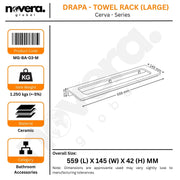 Product label for a Drapa towel rack with dimensions and specifications.