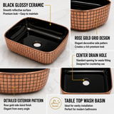 Novera Global Ceramic Table Top Wash Basin | Glossy Rectangular Vessel Sink | Above Counter Vessel Sink for Bathroom Vanity | 5-Year Warranty | Imported Glossy Countertop Wash Bowl (Black & Rose Gold)